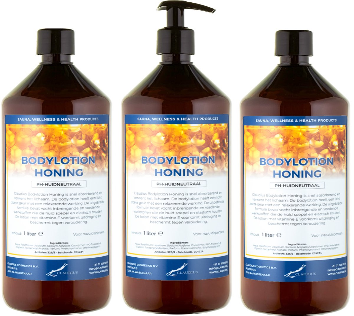Bodylotion Honing 1 Liter - met gratis pomp - set van 3 stuks