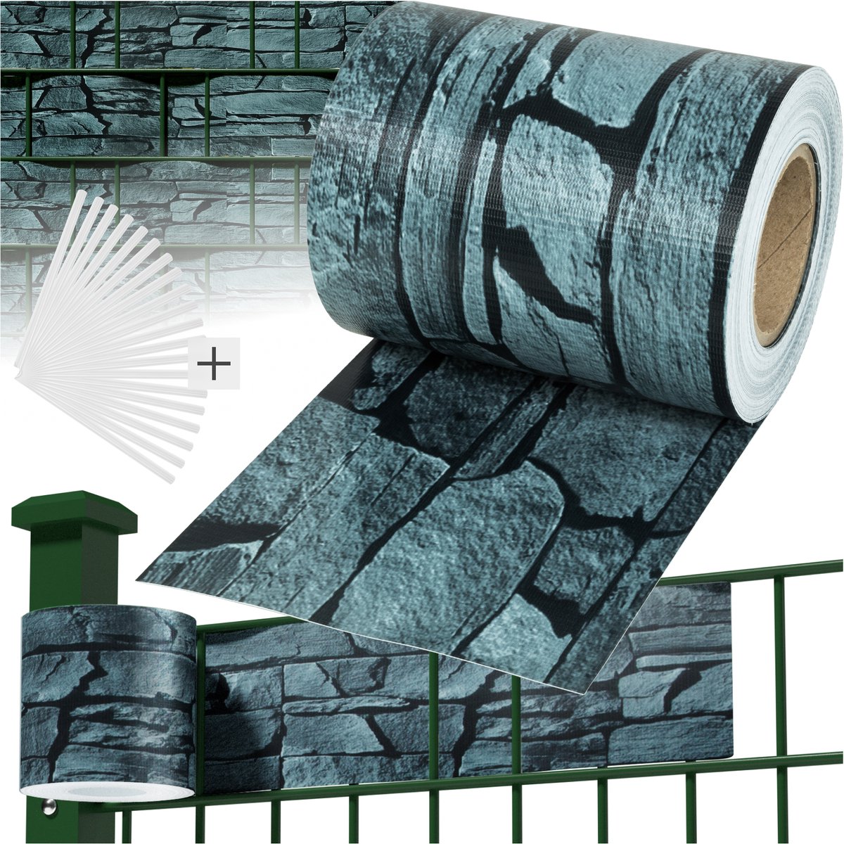 tectake® Tuinscherm - 70 meter Vlechtwand - 19 cm hoog - Balkonscherm - Privacyscherm - 450 g/m² Weerbestendig PVC - Dubbelzijdig Bedrukt - Folie voor Hekwerk en Tuin - Zichtdoek - Zichtbreeknet - Inclusief 30 Bevestigingsclips - Leisteen
