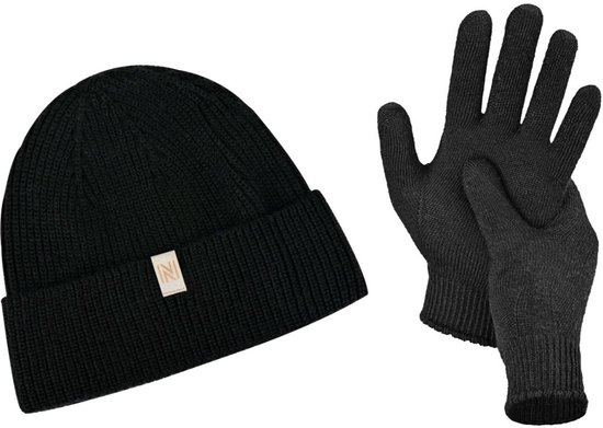 Norfolk - Set bonnet et Gants 70 % laine mérinos - Tricoté Premium - Bonnet de Sports d'hiver - Chapeaux chauds - Bonnet d'hiver - Coffret cadeau - Cadeau de Noël - Zwart - L - Norwick+Bibury