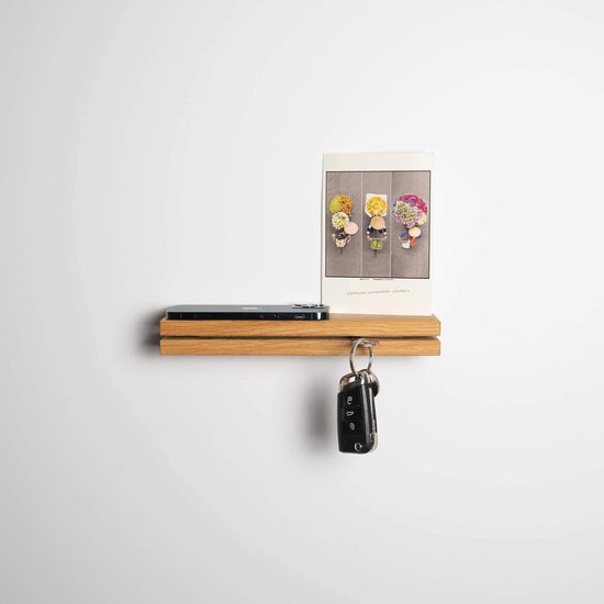 WOODS Houten Sleutelhouder met XXL plank Handgemaakt in Beieren Meerdere houtsoorten en ontwerpen om uit te kiezen Sleutelrek Sleutelhouder Sleutelbord (Eiken, 35 cm