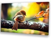 Schattig vogeltje op tak - Vogel schilderijen canvas - Canvas schilderij dieren - Hyperrealisme - Landelijke schilderijen - Canvas schilderij woonkamer - canvas 90x60 cm