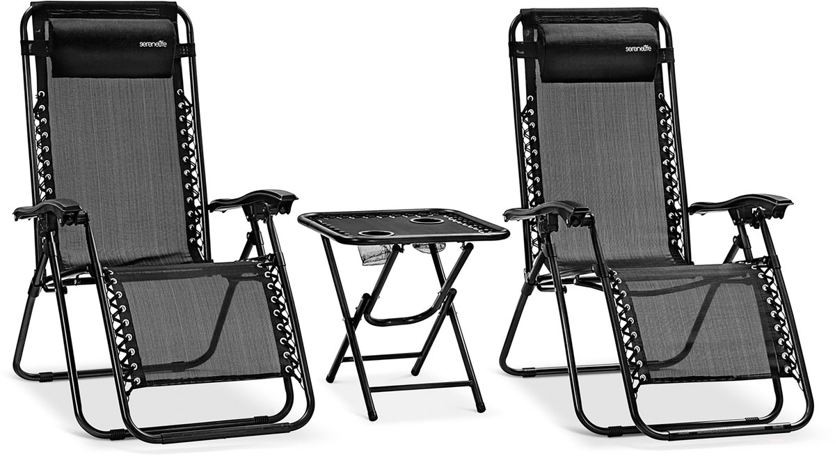 SereneLife Ligstoel set van 2 – Verstelbare Buitenkamerstoel met Afneembaar Bekerhouderblad en Zijtafel met 2 Bekerhouders – Inklapbare Relaxstoel met Verwijderbare Kussens