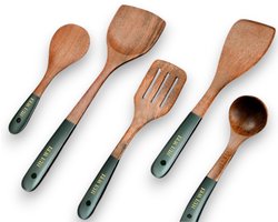 Huiwei® 5-delige Houten Spatel set - Japanse stijl - Spatels - Soeplepel - Antiaanbakpan - Keuken lepel - Kookgerei - Wokspatels - Keukenaccessoires