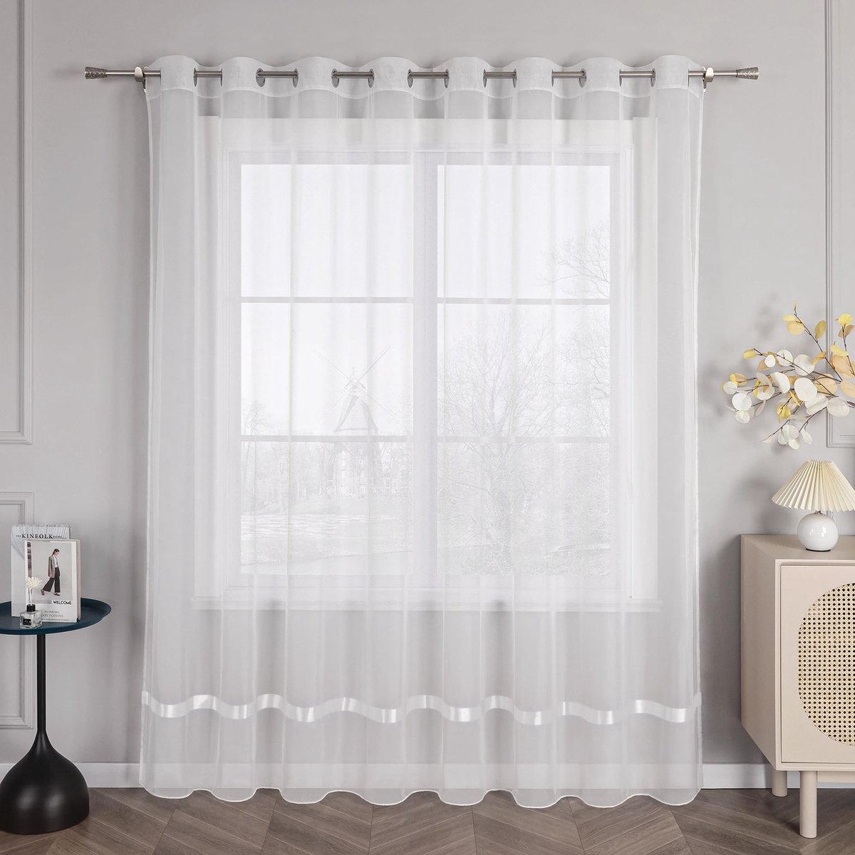 Ibenzoa Transparante Witte Voile Gordijn Sjaal met Satijnen Lint en Oogjes voor Raamdecoratie