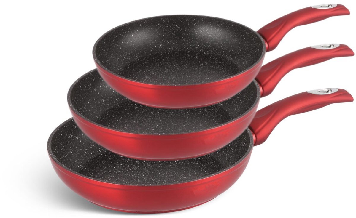 Royalty Line Koekenpan Inductie Set - 3 Delig Koekenpannenset Ø 20/24/28 cm - Pannenset Voor Alle Warmtebronnen - Pannen Met Antiaanbaklaag en Keramisch Coating - Braadpannenset Met Koudgrepen - Rood