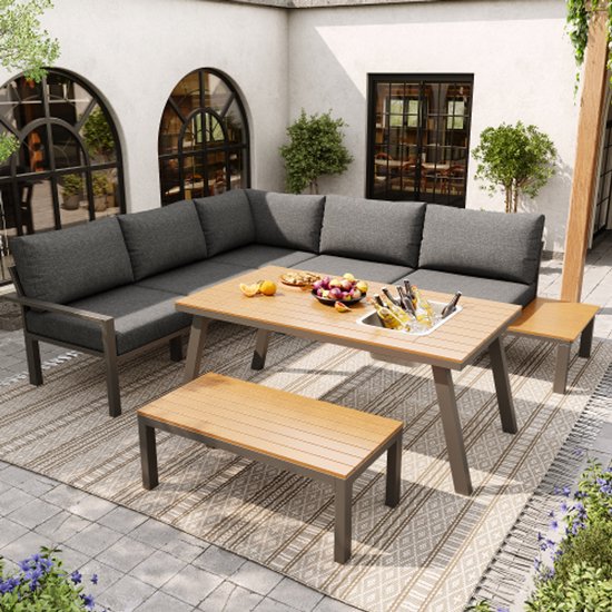 Outdoor Lounge Set Voor 6-7 Personen – Met Gegalvaniseerd Ijzeren Frame, Kunststof Houten Tafelblad, Afneembare Kussens – Ideaal Voor Tuin, Terras Of Balkon (grijs)