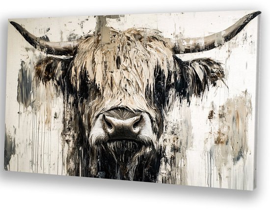 Peinture abstraite d'un Highland cattle, expressive, avec de longues cornes et des coups de pinceau visibles dans des tons gris et brun.