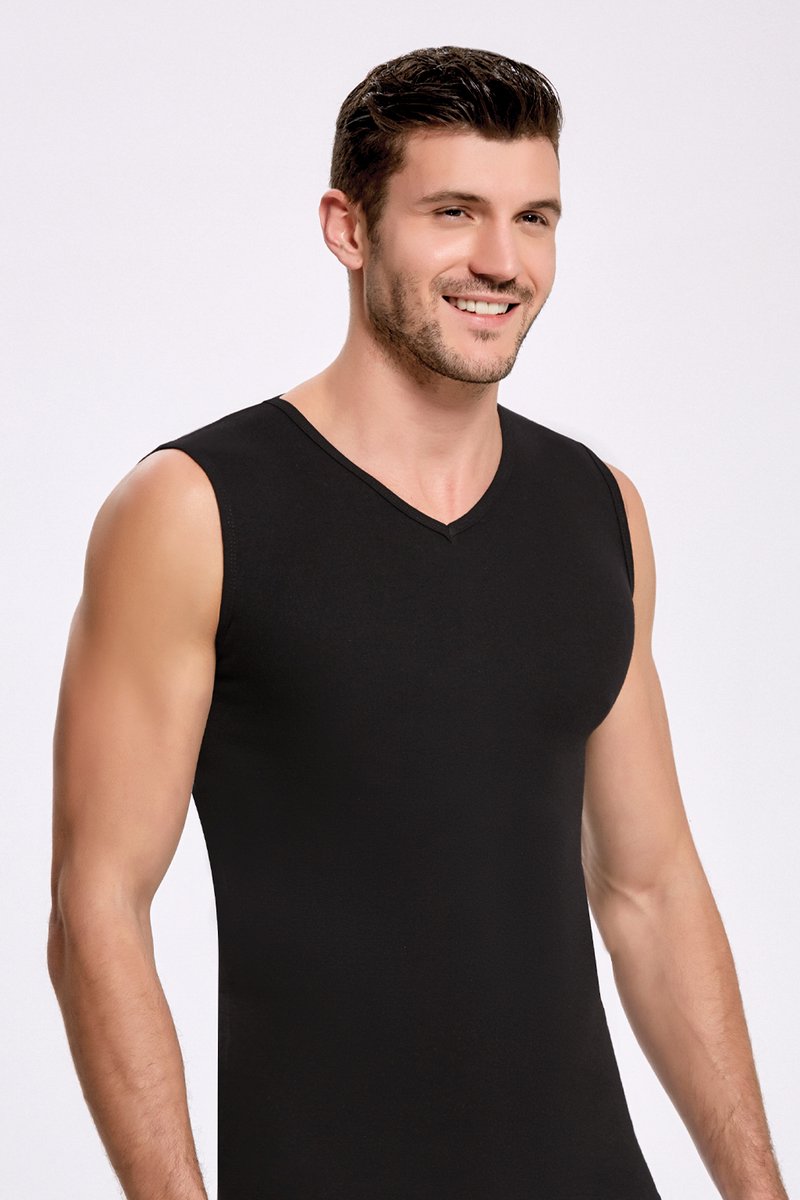2 Pack ilke® Mouwloos V Hals Heren T Shirt - 100% Katoen-Zwart-XL