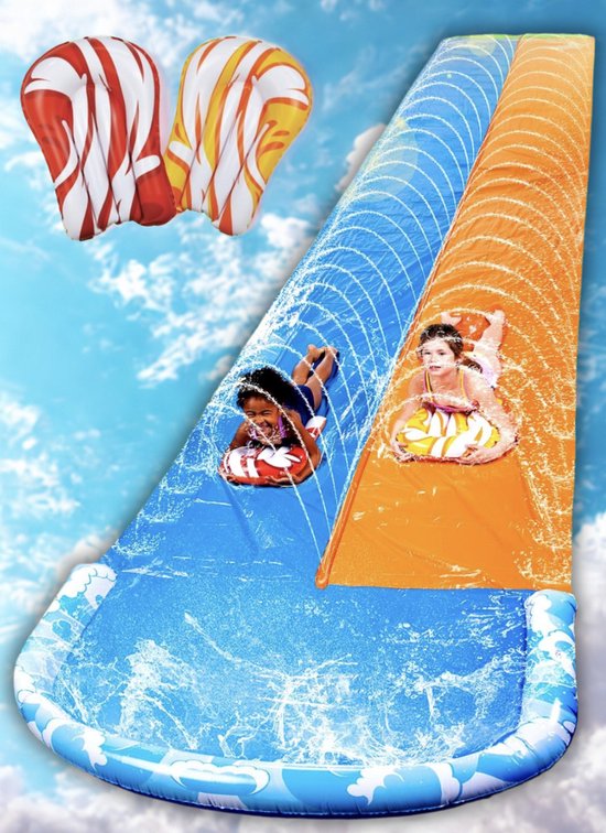 Foto: 990 6 cm extra lange waterglijbaan xl waterglijbaan met 2 bodyboards xxl dubbele glijbaan met sproeiers voor kinderen volwassenen buitenspeelgoed voor de zomer waterspeelgoed voor de achtertuin gazon glijbaan met wateraansluiting