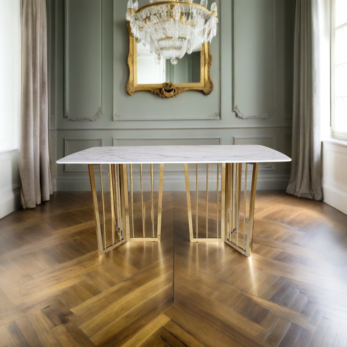 Rupt Eettafel – 160 x 90 x 75 cm – Wit Marmerlook – Deens Ovaal – Steen Tafelblad – Gouden Stalen Onderstel – Modern Design – Geschikt voor 4 Personen