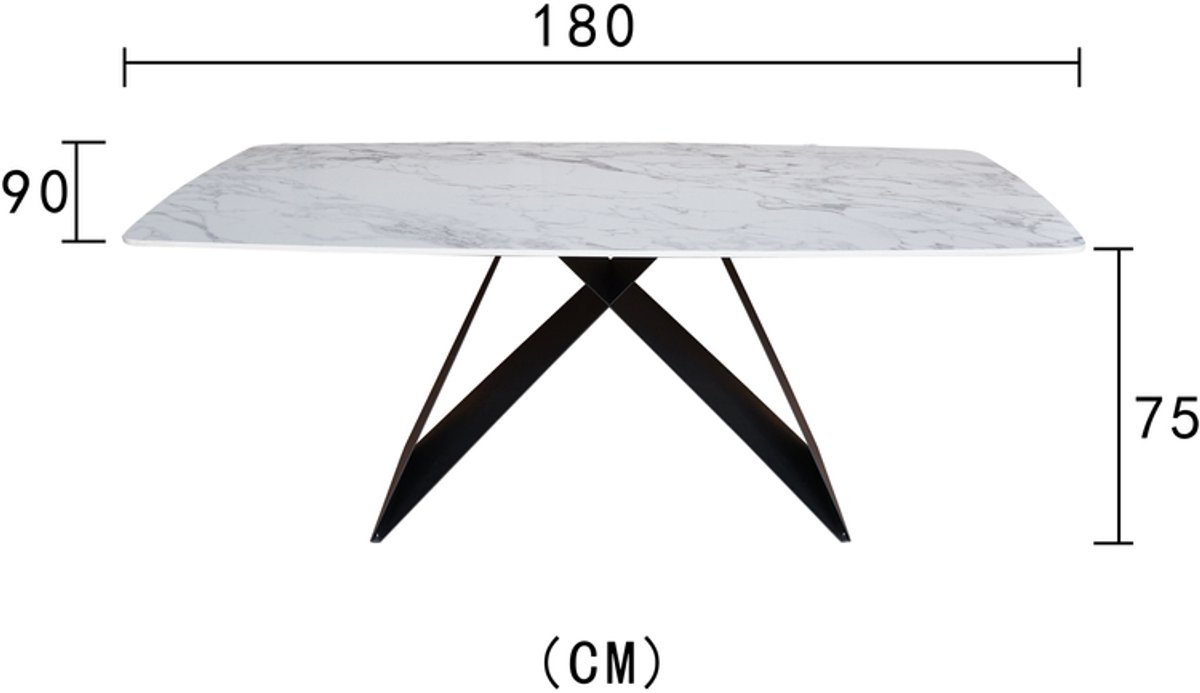 Chelan Eettafel – 180 x 90 x 75 cm – Wit Marmerlook – Deens Ovaal – Steen Tafelblad – Zwart Stalen Onderstel – Modern Design – Geschikt voor 4 Personen