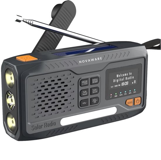 NovaWare® Noodradio Solar Opwindbaar - Powerbank Zonneenergie met 4600mAh - DAB+/FM - Noodpakket - Bluetooth speaker - Draagbare Radio – Batterij - Grijs