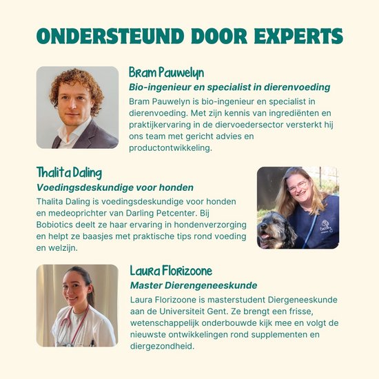 Portretten van Bram Pauwelyn, Thalita Daling met hond, en Laura Florizoone. Tekst beschrijft hun expertise in diervoeding en diergeneeskunde.