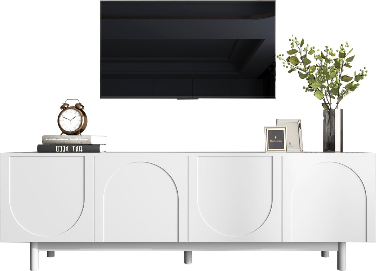 Merax TV Meubel 175 cm – Modern Lowboard met 4 Deuren – Kast met Verstelbare Planken – Geschikt voor TV tot 59 Inch – Luxe Design – Wit