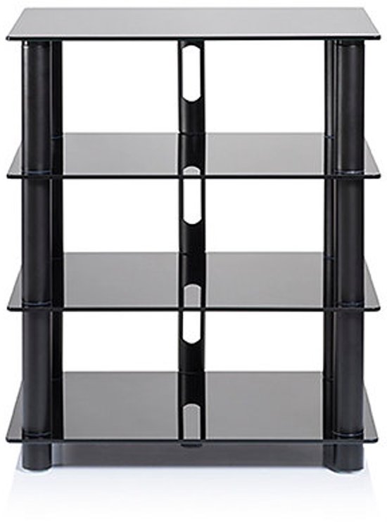 Zwart hifi meubel met vier glazen etages en metalen staanders.