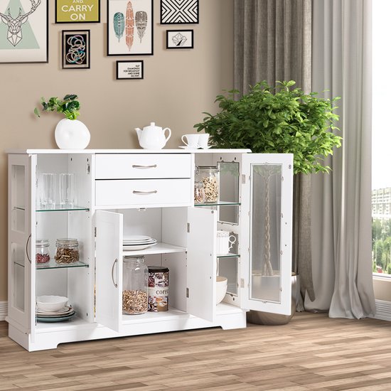COSTWAY Smalle keukenkast, hoekkast met 4 glazen deuren en 6 planken, 171 cm hoog, driehoekige buffetkast, vrijstaande multifunctionele kast, hoge kast, voor keuken, eetkamer, woonkamer, wit