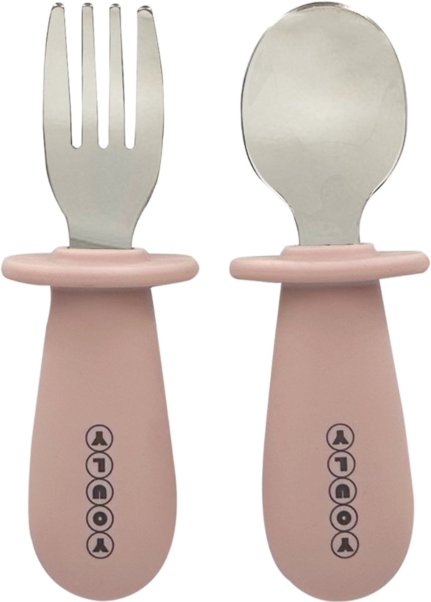 Goedkoopste Youly® Kinderbestek Lepel en Vork - Baby Bestek - Siliconen Baby Servies - RVS - Poeder Roze