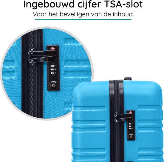 Detail van een ingebouwd blauw TSA-cijferslot op een koffer.