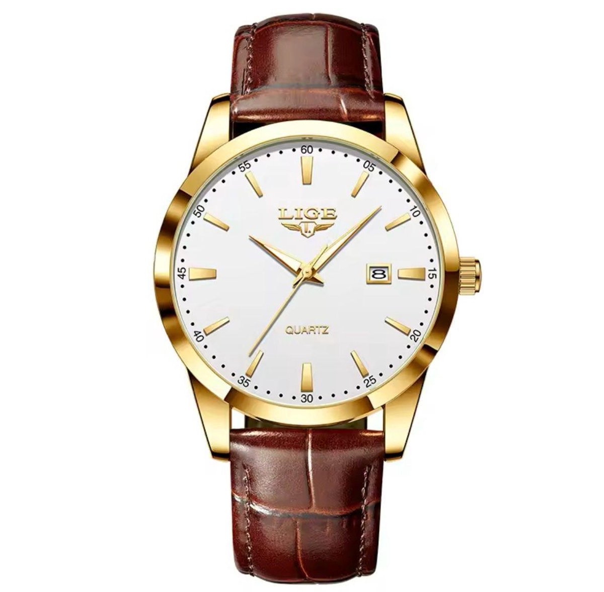 Lige - Luxe Herenhorloge - Polshorloge - Heren - Cadeau - Horloge - Geschenkdoos - Mannen - Goud Wit - Bruin Lederen Band