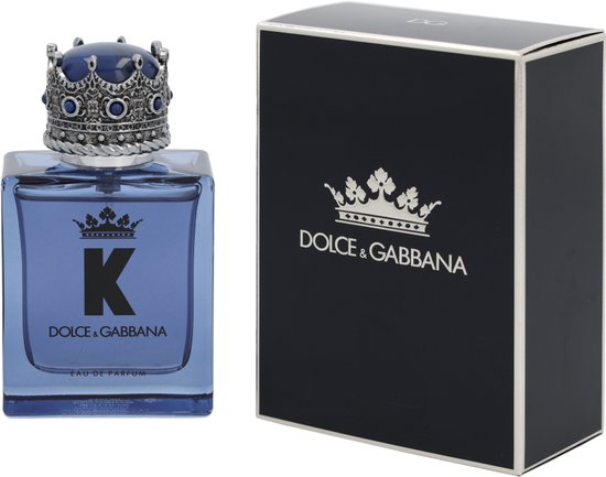 Dolce & Gabbana K Eau de Parfum fles met kroon dop en marineblauw doosje.