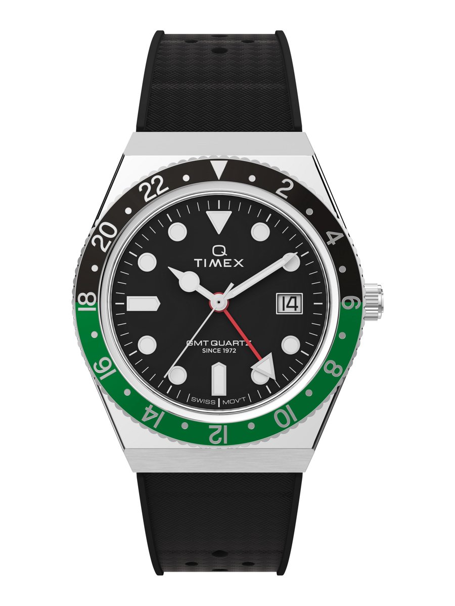 Timex Q Timex® Gmt Kwarts Analoog Horloge Zwart Case: 100% Stainless Steel | Armband: 100% Rubber 38 mm TW2W57500AJ