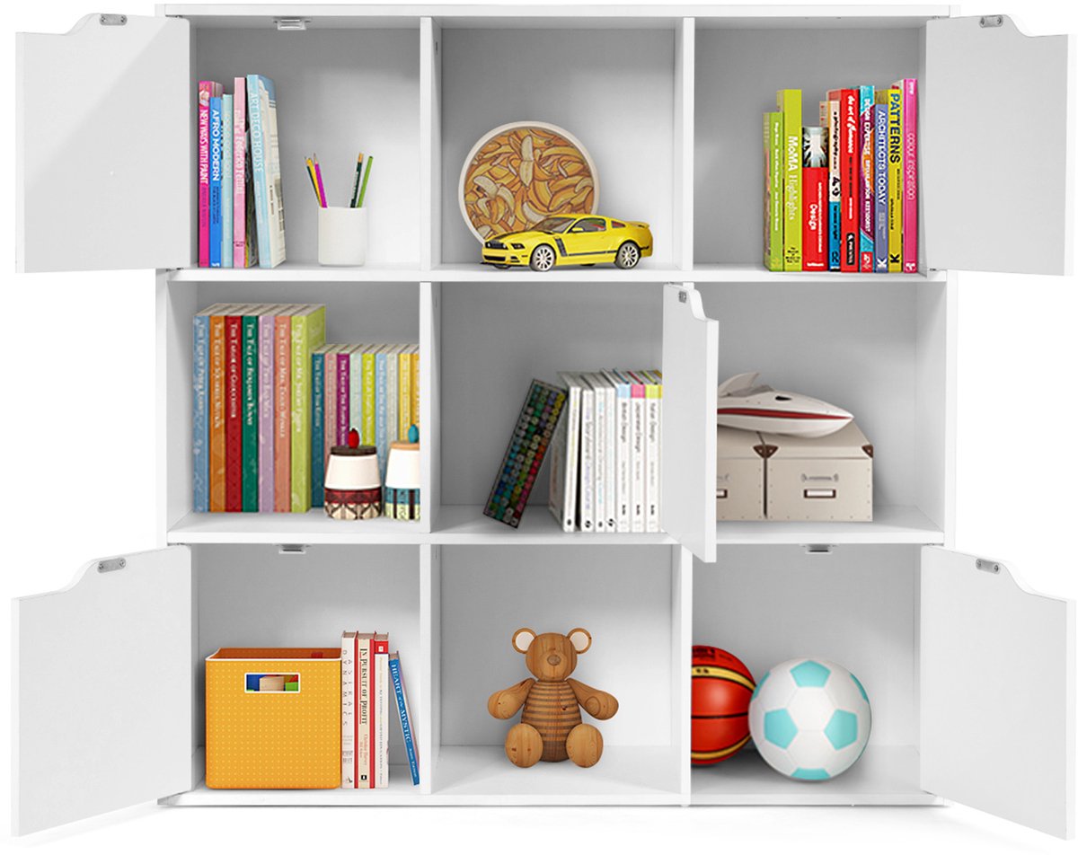Costway Boekenkast met 5 deuren en 9 vakken, staand rek, kantoorrek, vrijstaand, opbergrek voor woonkamer, slaapkamer, 90 x 29 x 90 cm, wit