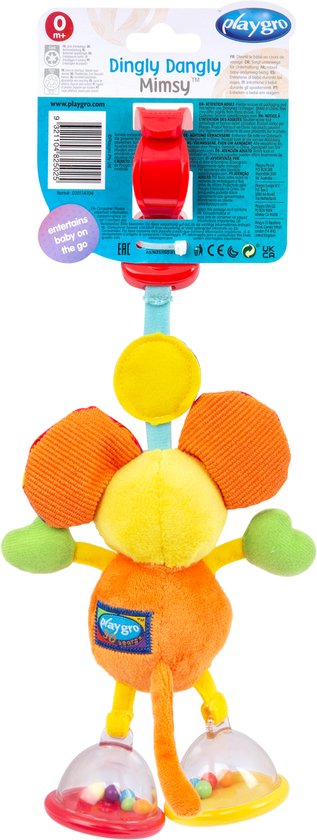 Mimsy de Muis hangspeeltje met oranje lijf, gele kop, groene armen en rode oren met stippen. De voetjes zijn transparant met gekleurde balletjes.