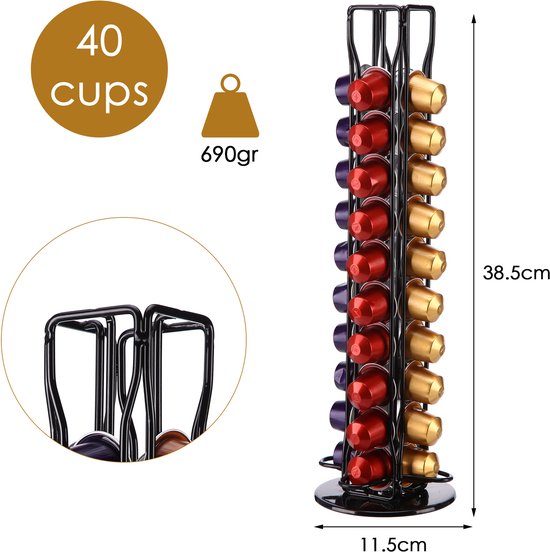 Zwarte capsulehouder voor 40 Nespresso cups, 690gr, 38,5cm hoog, 11,5cm breed.