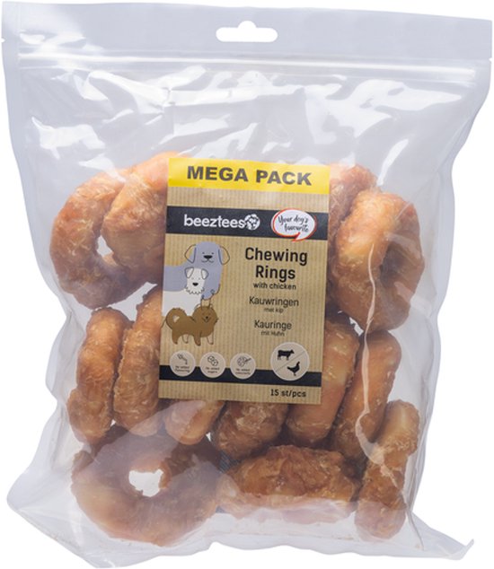 Zak met Beeztees Kauwringen met kip, mega pack met 15 stuks.