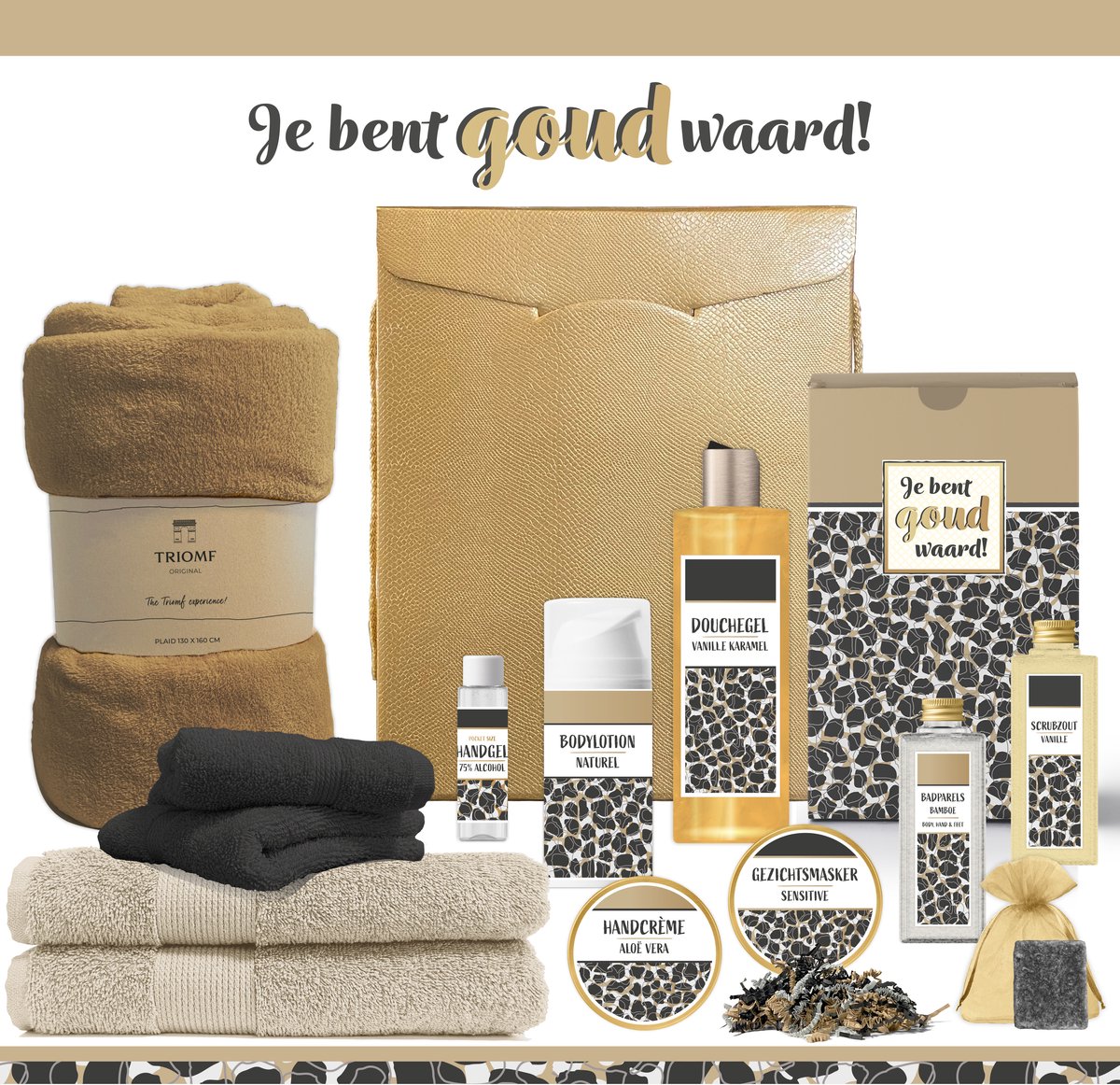 Goedkoopste Geschenkset “Je bent goud waard!” - 13 producten - 1710 gram | Luxe Cadeaubox voor haar - Wellness Pakket Vrouw - Giftset Bedankt - Cadeaupakket - Collega Werknemer Relatie - Geschenk Moeder Moederdag - Kerstpakket Kerst Pakket Cadeau - Panter Zwart