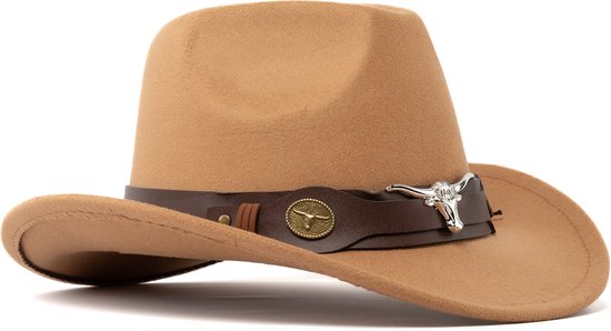 KIMU Cowboyhoed Lichtbruin Wolvilt Stier - Bruine Cowboy Western Hoed Stierenkop Bruin Dames Heren - Cowgirl Zilveren Bull Carnaval