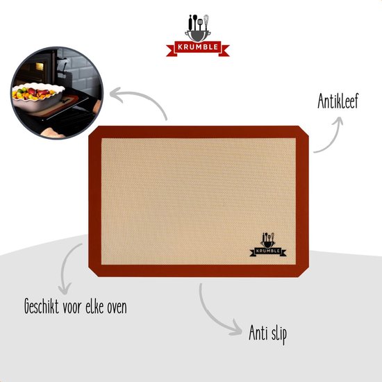 Beige bakmat met bruine rand, geschikt voor elke oven en anti slip. Met Krumble logo.