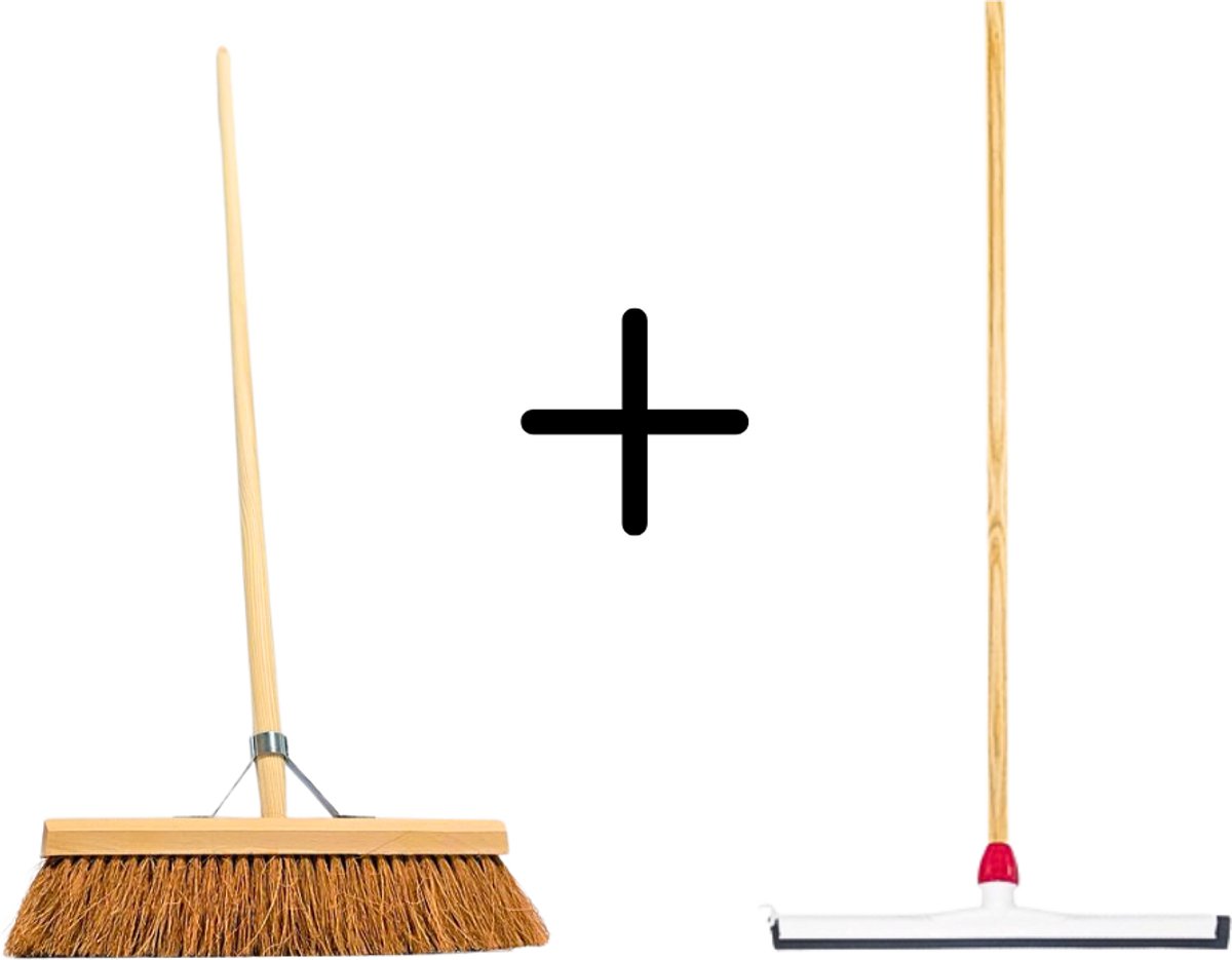 Synx Tools Coco Binnenbezem 40cm + Vloertrekker Kunststof 55cm met Steel 150cm - Zaalveger – Vloerreiniger – Natuurrubber – Zachte bezem kokos Met steel 160cm