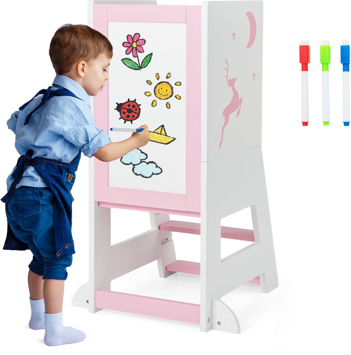 COSTWAY Leertoren voor kinderen, 2-in-1 opstapkruk Montessori met 3 verstelbare hoogtes en dubbelzijdig bord, keukenhulp met 3 pennen, opstapkruk voor kinderen vanaf 1 jaar (roze)