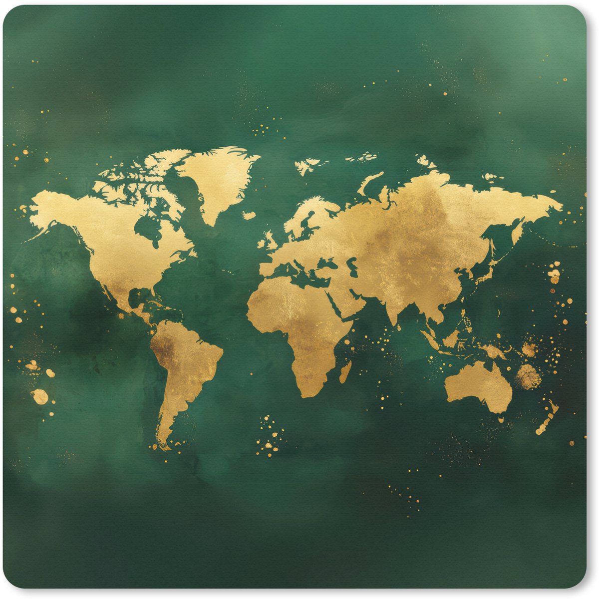 Muismat 30x30 cm - Mousepad Wereldkaart - Groen - Goud - Muismatten