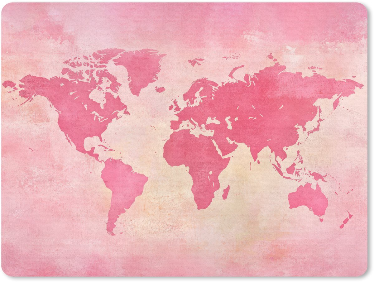 Muismat 23x19 cm - Mousepad Wereldkaart - Roze - Vaag - Muismatten