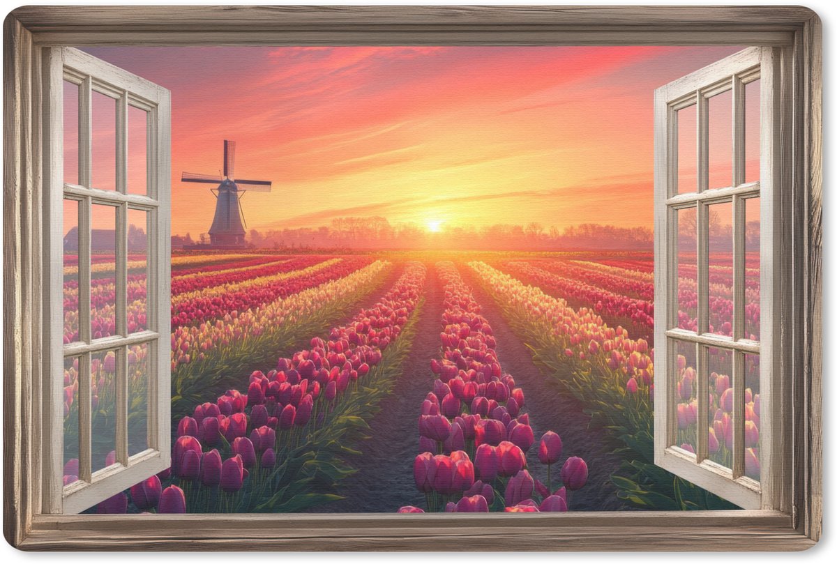 Muismat 27x18 cm - Mousepad Doorkijk - Tulpen - Zonsondergang - Bloemen - Kleurrijk - Muismatten