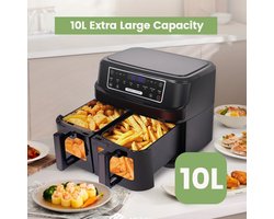 Heteluchtfriteuse 10L – Airfryer - Dubbele Lades – 2000W - 240V - Touchscreen – 8 Automatische Programma's – Kijkvenster - Zwart