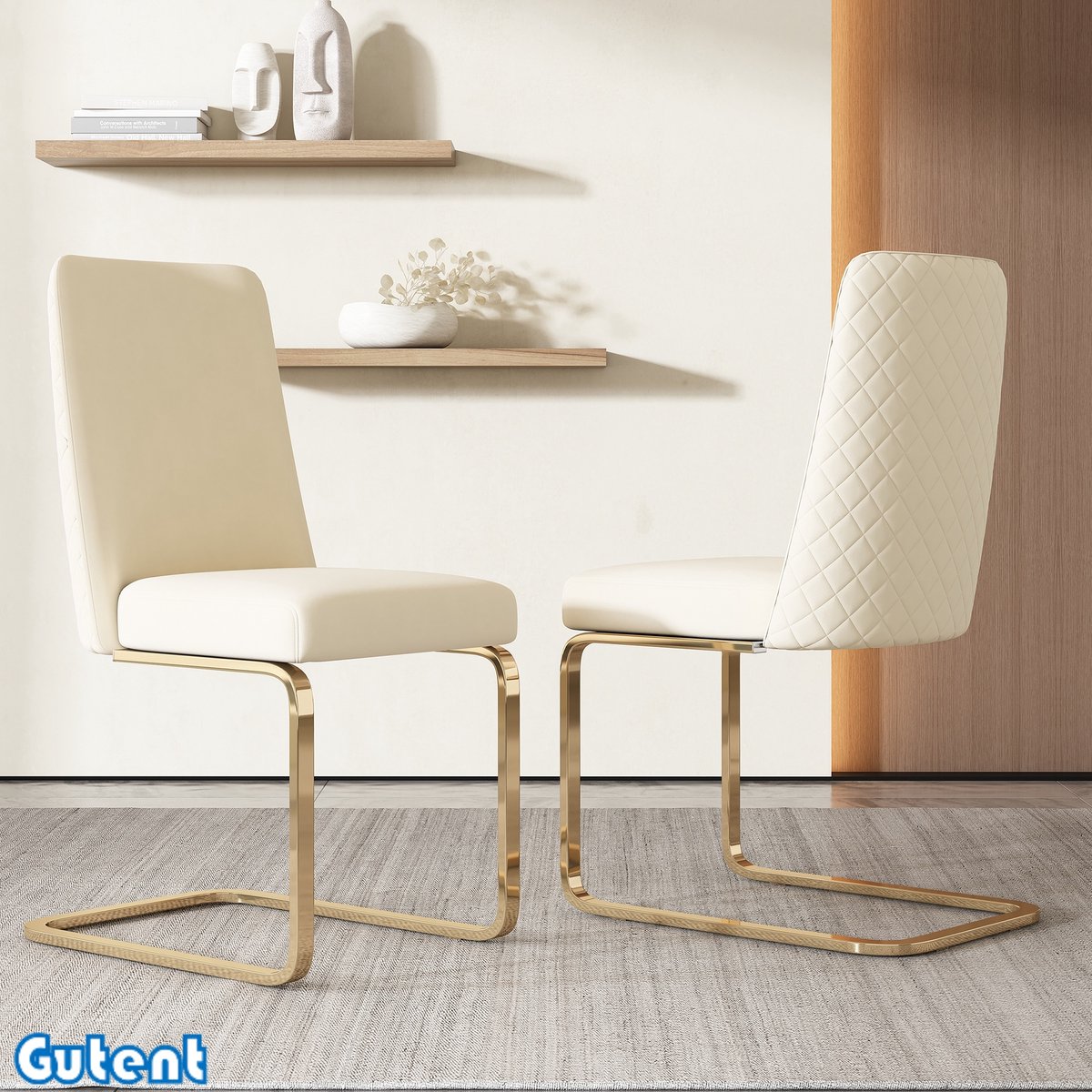 Gutent Fluwelen Eetkamerstoelen-Set van 2-Diamant rugleuning met goudkleurige metalen poten-Beige