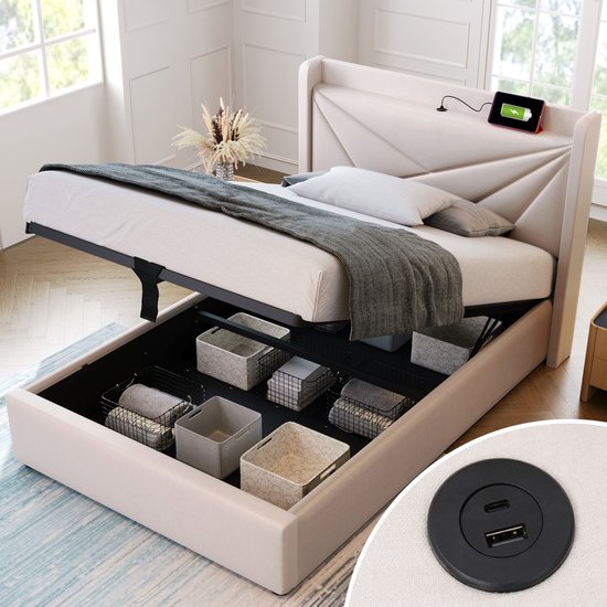 Lit simple rembourré avec espace de rangement sous le lit et tête de lit chargeur USB Type C, lits de rangement cadre de lit en matière lin lit jeune 90x200 avec sommier à lattes (sans matelas) beige