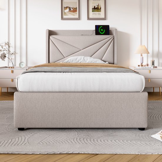 Lit simple rembourré avec espace de rangement sous le lit et tête de lit chargeur USB Type C, lits de rangement cadre de lit en matière lin lit jeune 90x200 avec sommier à lattes (sans matelas) beige