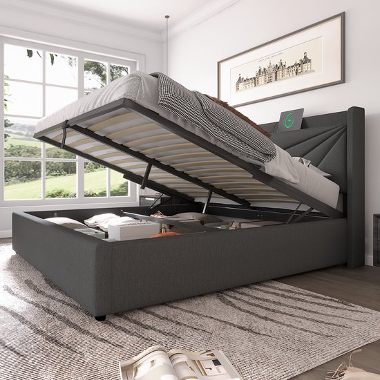 Gepolsterd tweepersoonsbed met opbergruimte onderbed en USB Type C-oplader hoofdeinde, opbergbedden bedframe van linnen materiaal jeugdbed 180x200 met lattenbodem (zonder matras) grijs