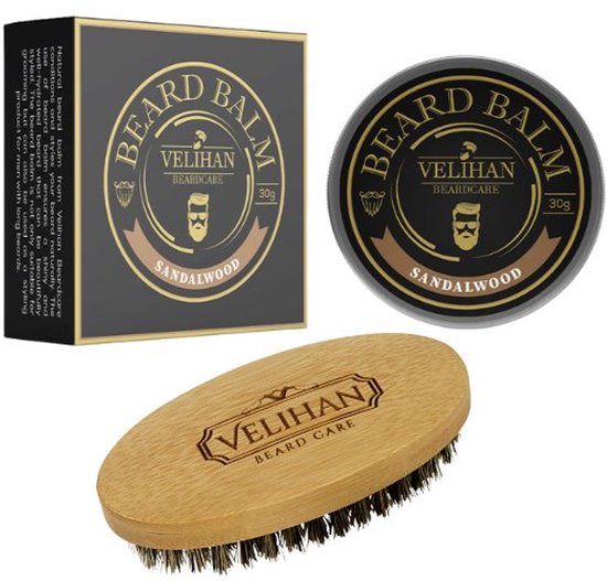 Velihan Beardcare - Baardverzorging Duo Pack - Baardbalsem Sandalwood 30g - Baardborstel - Baardverzorging set - Cadeau voor hem - Baardverzorging - Baard olie - Cadeau voor vriend - Baardgroei - Perfecte cadeau voor man - Geschenkset mannen