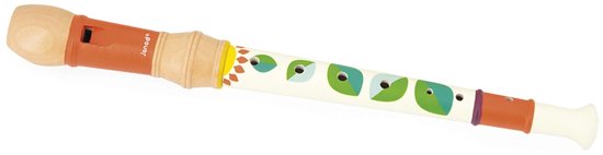 Houten blokfluit, oranje, met groene en witte blaadjesprint.