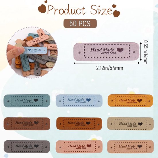 50 stuks - handgemaakte labels - Handgemaakte leren labels om te naaien Microvezel leren labels - handgemaakte labels - Decoratieve labels - Kleding accessoires - Leren labels om te naaien DIY hoeden kleding - 10 kleuren