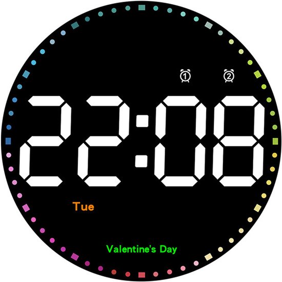 Ronde wandklok, 25 cm, grote digitale wandklok, groot display met regenboog secondewijzer, aflezing/week/temperatuur/instelbare helderheid, led-wandklok voor thuis/kantoor/garage