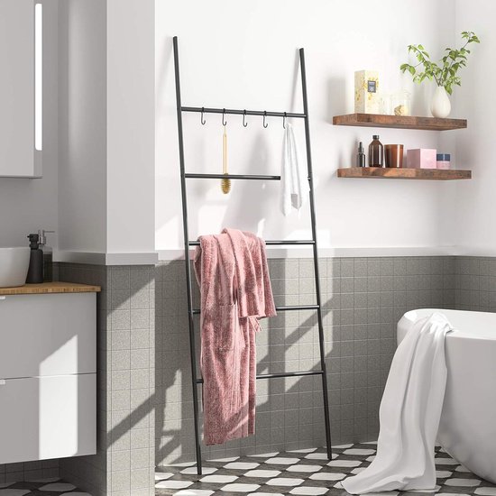 HOOBRO Handdoekladder, ladderrek, handdoekstandaard met 5 afneembare haken, stabiel, ruimtebesparend, voor de ingang van de foyer, badkamer, werkkamer, slaapkamer, eenvoudige montage, zwart EBK62CJ01