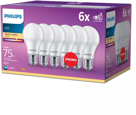 Doos met zes Philips LED lampen, warmwit licht, 75W, E27.