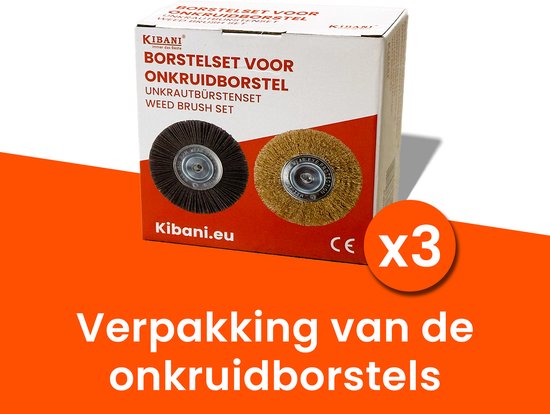 Verpakking van Kibani onkruidborstels met een afbeelding van een donkergrijze nylon en een goudkleurige stalen borstel. 'x3' in een oranje cirkel. Tekst: 'Verpakking van de onkruidborstels'.