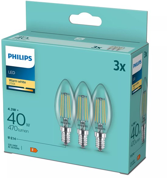 Emballage de 3 ampoules LED Philips flamme, lumière blanc chaud, 4.3W, 470 lumens, culot E14.